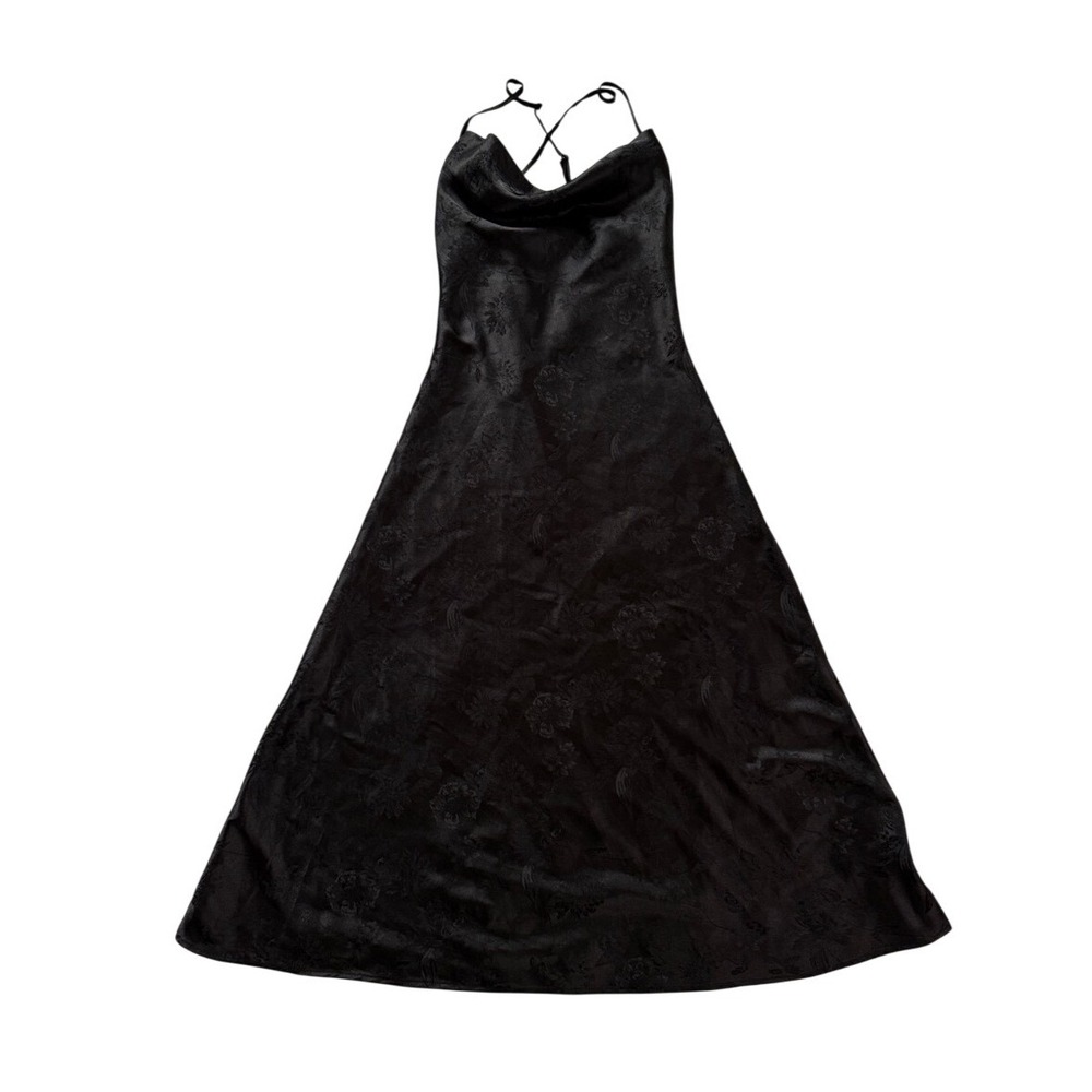 Black Jacquard Satin Cowl Neck Slip Dress M LBD Little Black Dress Quiet Luxury